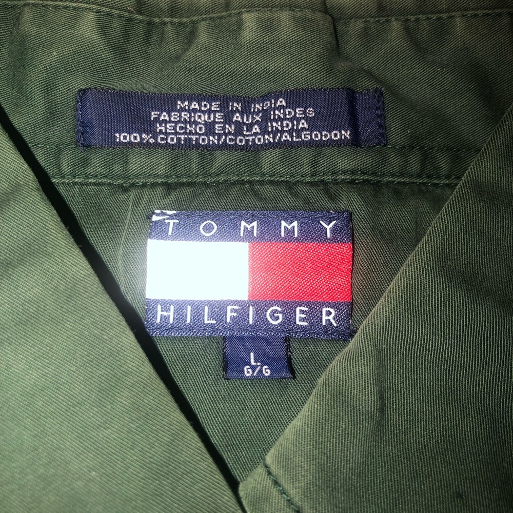 Tommy Hilfiger Button Down Up Mens Size Large Green Dress Work Shirt Logo Shirt - Picture 5 of 12